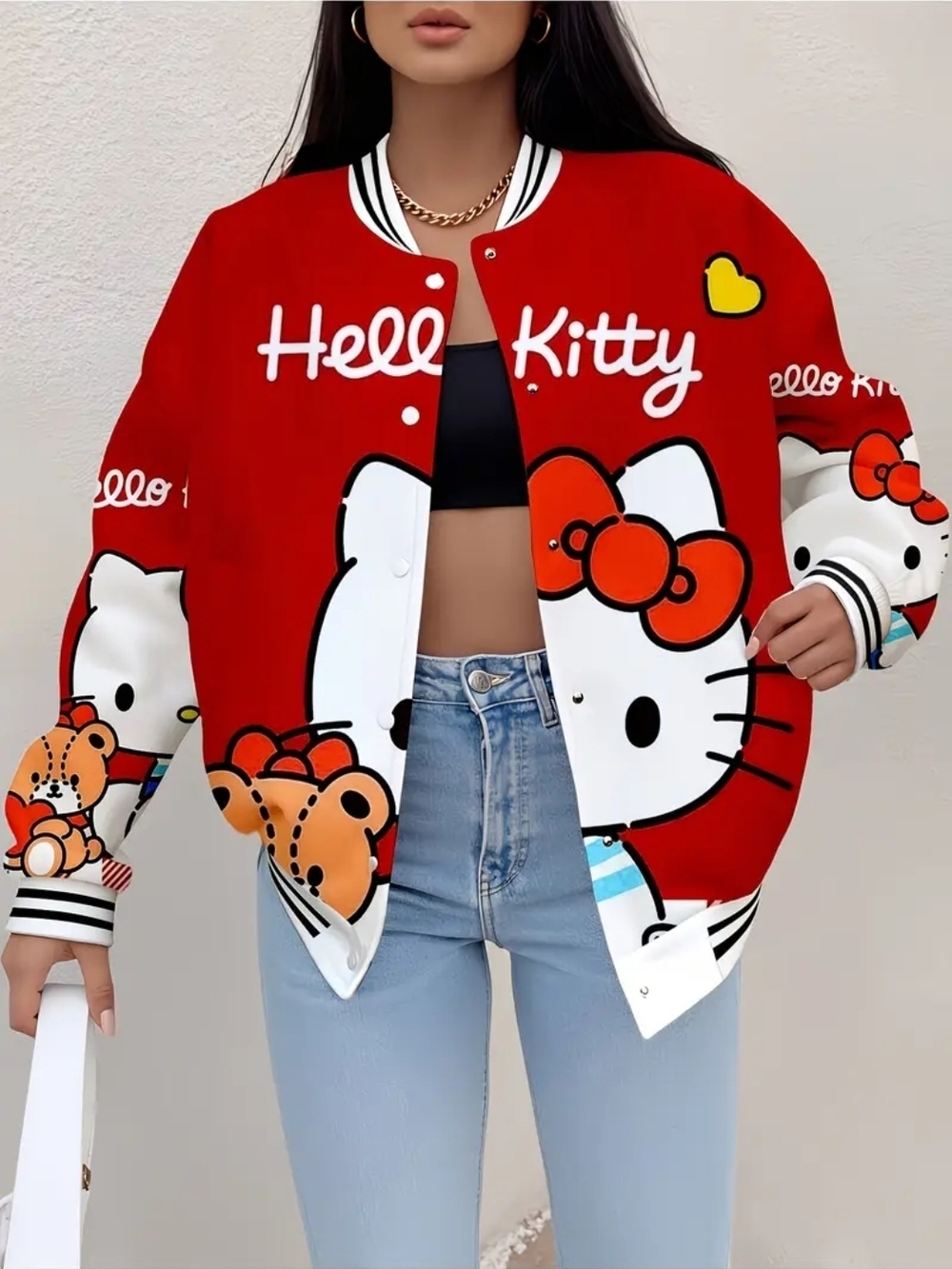 Hello Kitty Red and White Cartoon Varsity Jacket